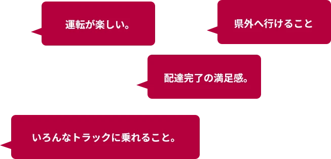 運転が楽しい　県外へ行けること　配達完了の満足感。いろんなトラックに乗れること。