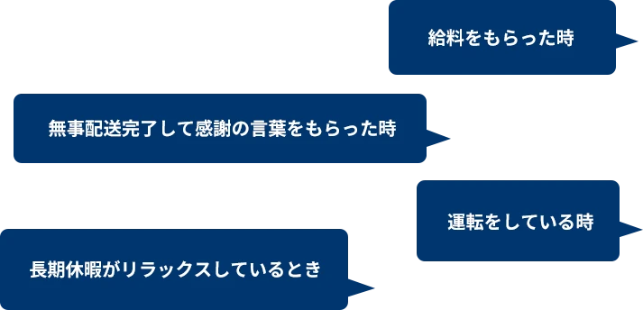 運転が楽しい　県外へ行けること　配達完了の満足感。いろんなトラックに乗れること。